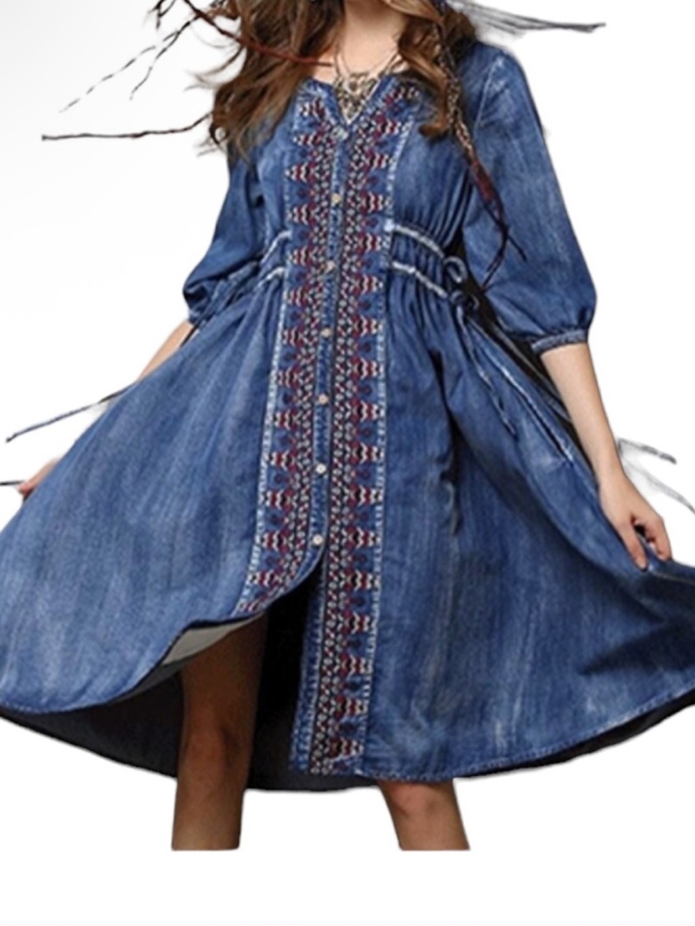 Vintage Keer Qiaowa Cross Stitch Midi Denim Dress Size M - Picture 2 of 6